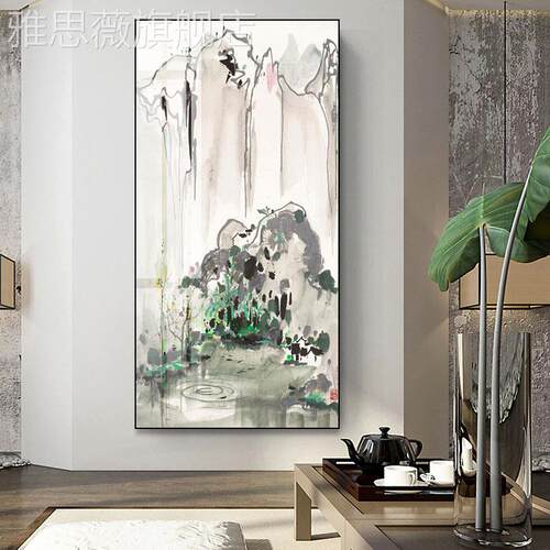 网红吴冠中江南山水装饰画新中廊式客厅墨画水餐厅入户玄关走过道