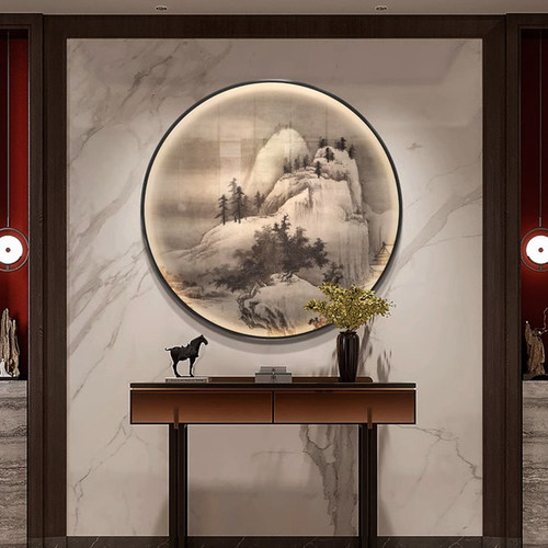 新中式玄关客厅沙发背景墙挂画书房茶室走廊过道圆形LED灯装饰画