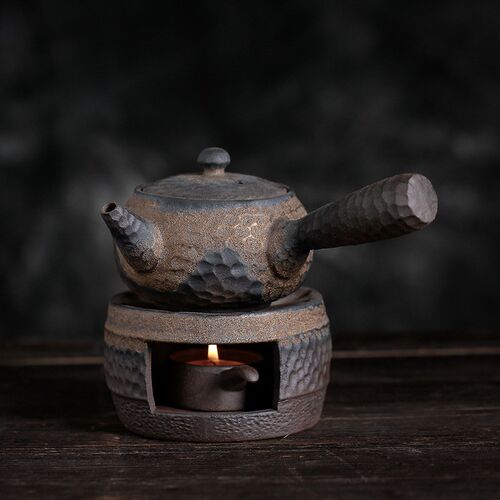 新中式软装茶馆茶室博古架复古摆件粗陶茶具茶壶仿古陶瓷提梁壶