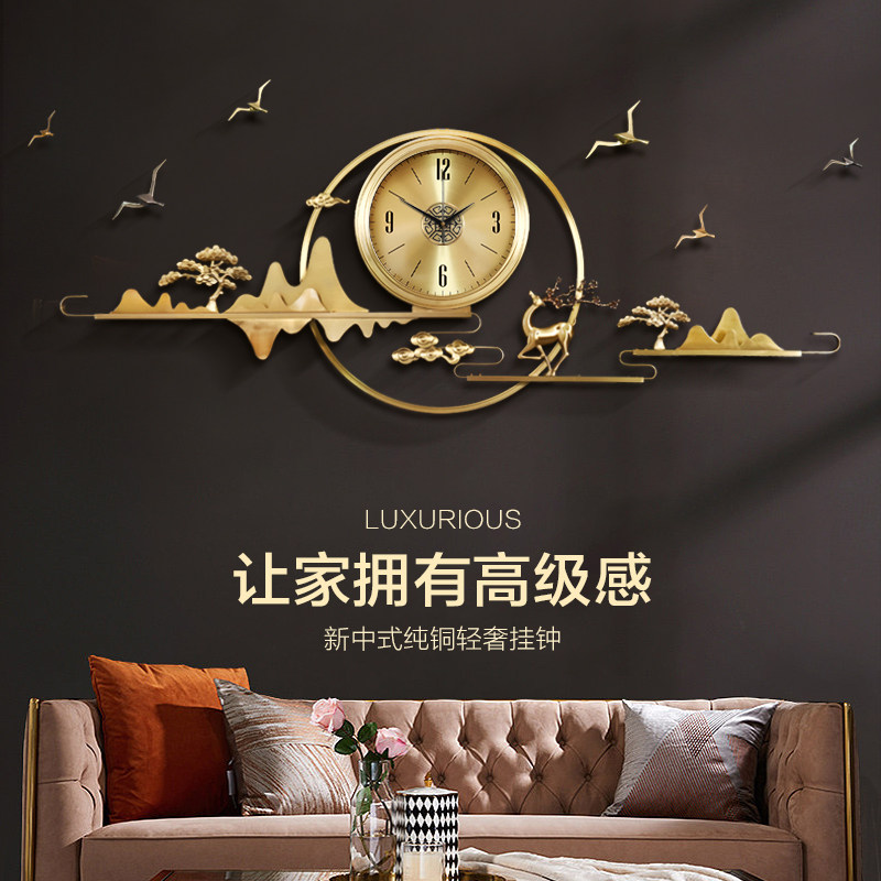 新中式纯铜挂钟客厅钟表创意家用墙面沙发背景墙装饰画轻奢时钟大