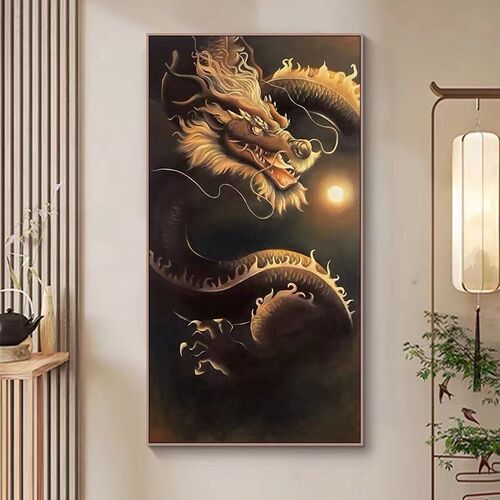 手绘油画新中式中国风金色祥龙客厅大尺寸装饰画玄关十二生肖挂画