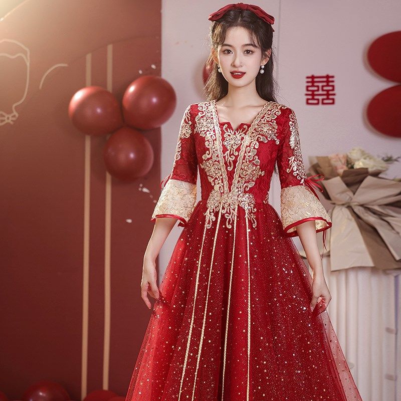 大码敬酒服新娘2024新款春季高级感中式长袖嫁衣结婚礼服女秀禾服