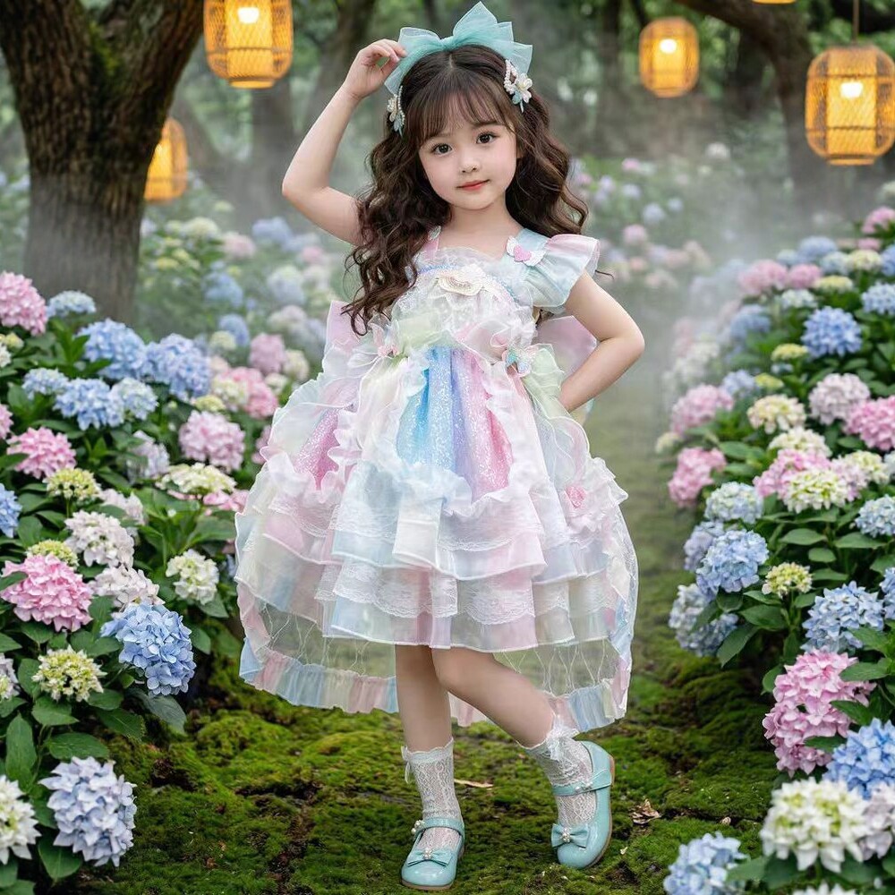 女童彩虹渐变洛丽塔连衣裙蕾丝花边大蝴蝶结燕尾儿童公主礼服裙夏