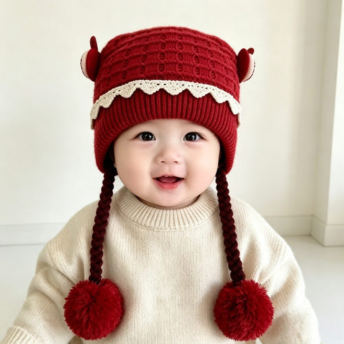 婴儿宝宝帽子秋冬季保暖小苹果针织毛线帽女宝宝小月龄防风护耳帽