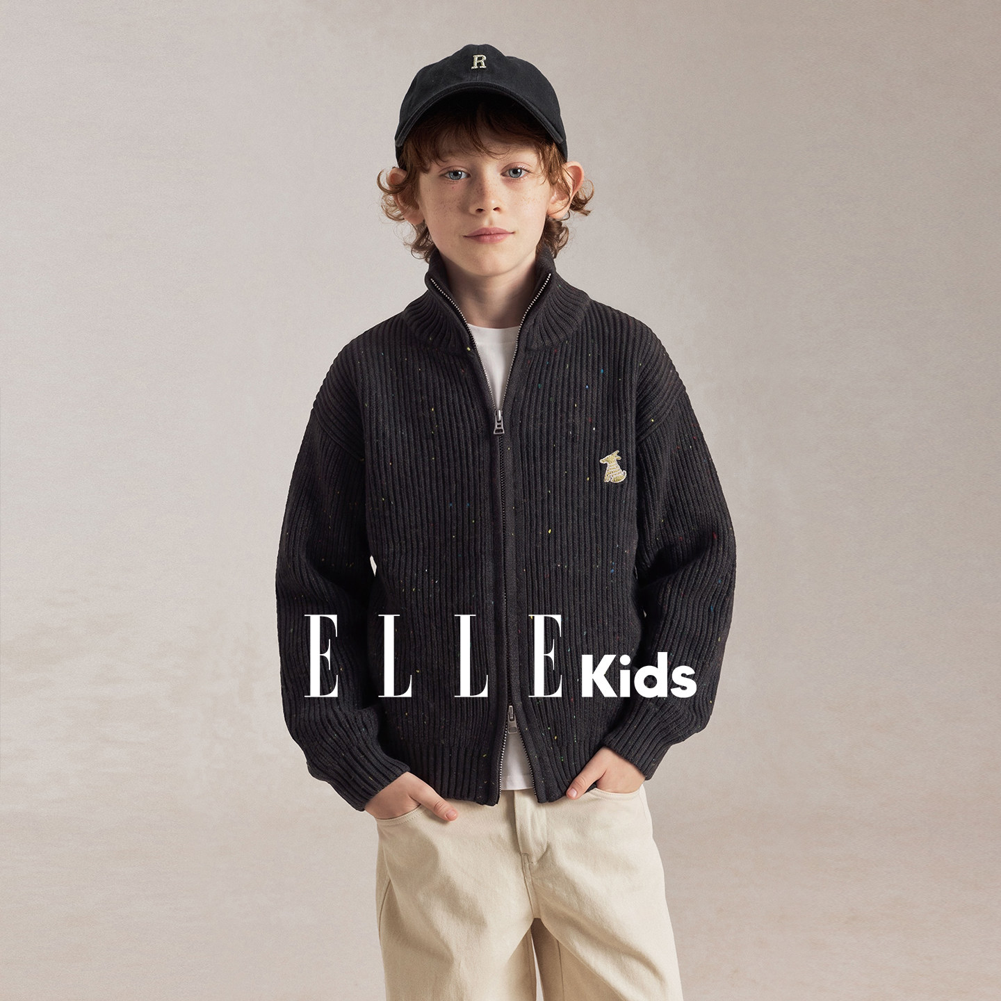 ELLEkids童装 男童毛衣外套秋季落肩松弛感儿童立领拉链针织衫图片