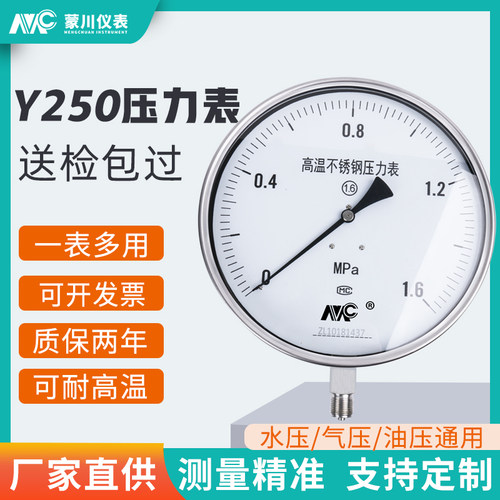 Y250BF不锈钢压力表0-1.6MPa水压油压液压气压表负压表锅炉压力表