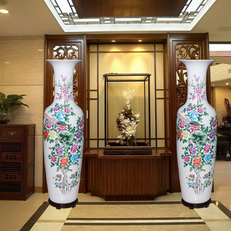 落地大花瓶手绘粉彩花鸟牡丹景德镇陶瓷器新中式别墅酒店客厅摆件