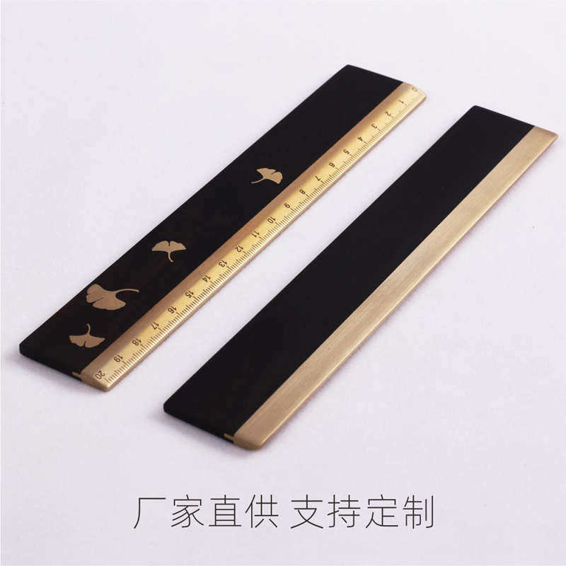 紫光檀嵌黄铜红木工艺测量镇尺绘图创意直尺黑檀木尺子镇纸尺礼品