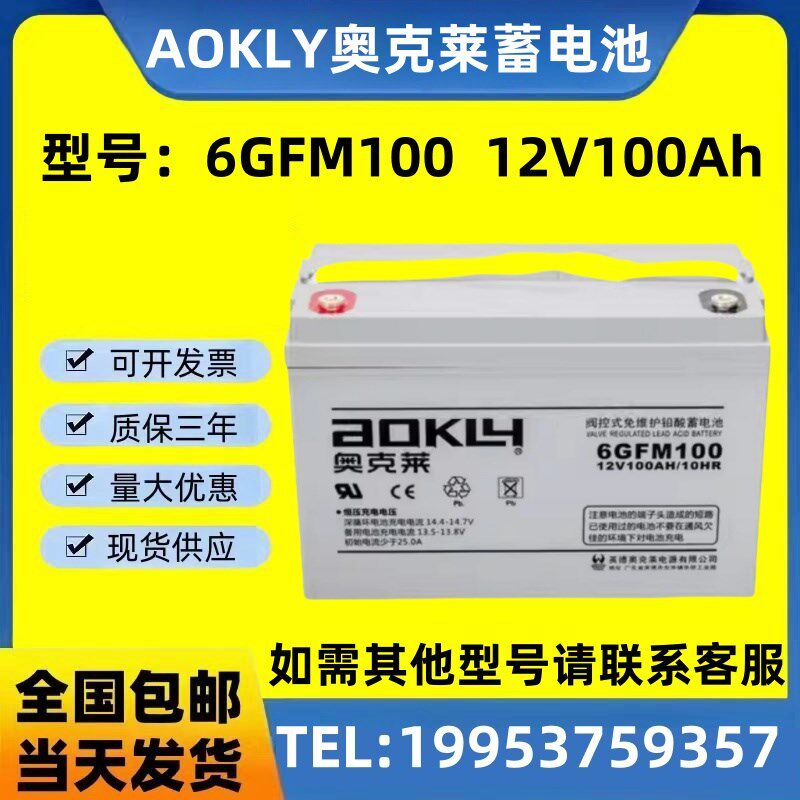 AOKLY奥克莱蓄电池6GFM100 现货包邮 12V100Ah 机房 直流屏 UPS用