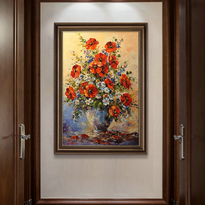 牡丹花玄关装饰画美式挂画复古油画客厅壁画正进门墙画高级感欧式