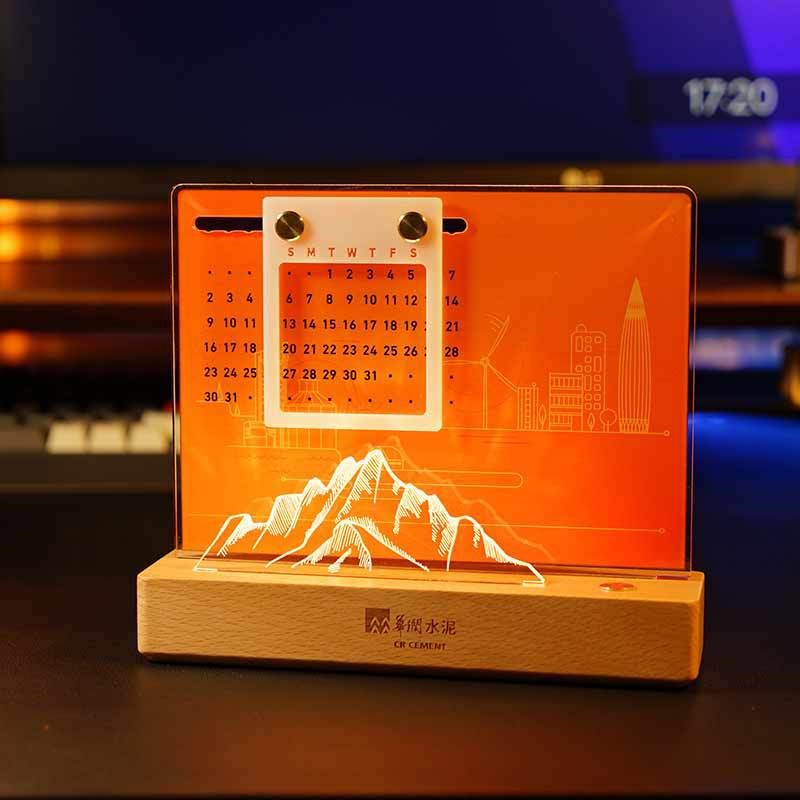 3d创意实木暖光台灯日历双层亚克力万年历摆件小夜灯定制Logo奖品