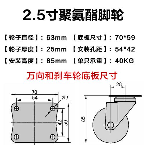 万向轮2.5寸高强度聚胺脂刹车活动轮耐磨静音脚轮家具轮子