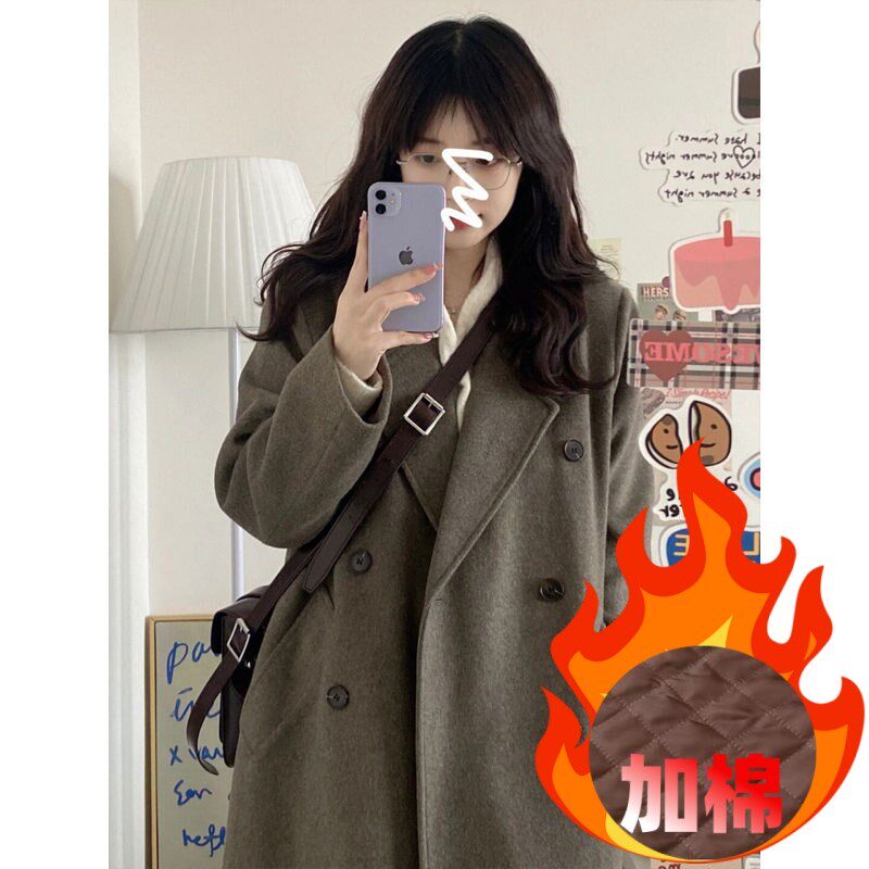 毛呢大衣女秋冬中长款夹棉过膝双排扣西装领风衣学生时尚显瘦外套