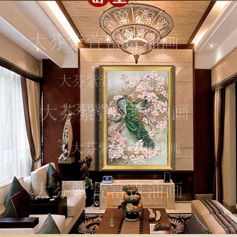 手绘孔雀桃花动物油画玄关竖版装饰画别墅客厅走廊过道挂画