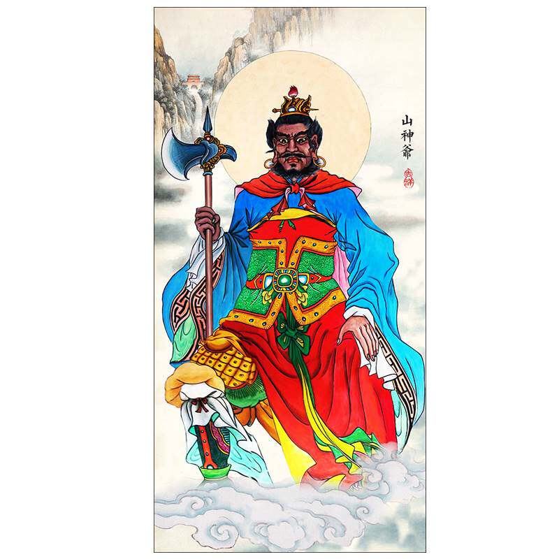 山神爷土地公画像城隍爷神像竖轴挂画丝绸材质手工装裱防水不褪色