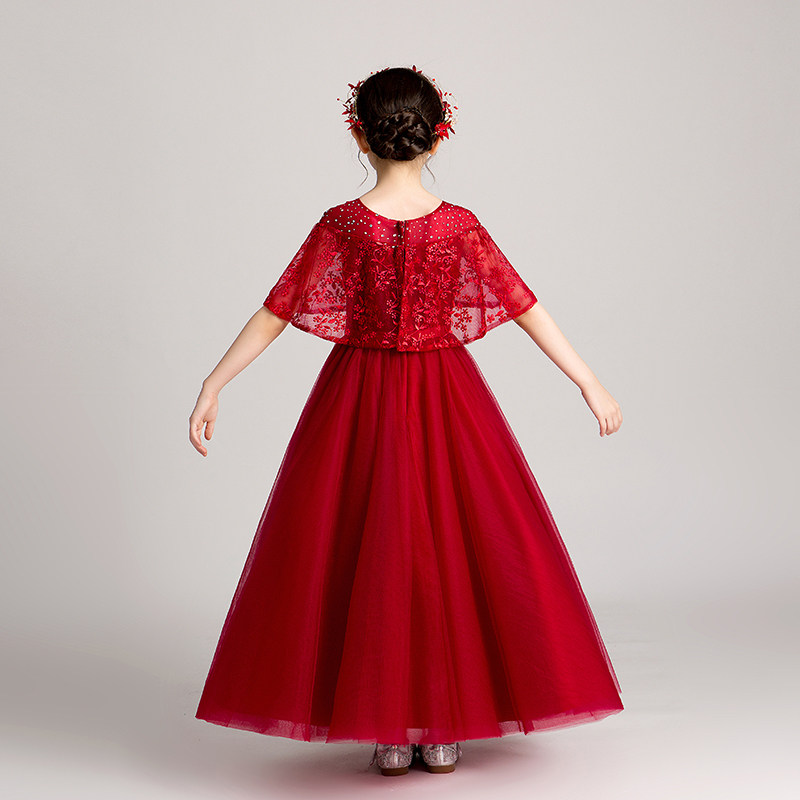 儿童红色礼服公主裙女童走秀小花童婚纱主持人钢琴演出服表演夏季
