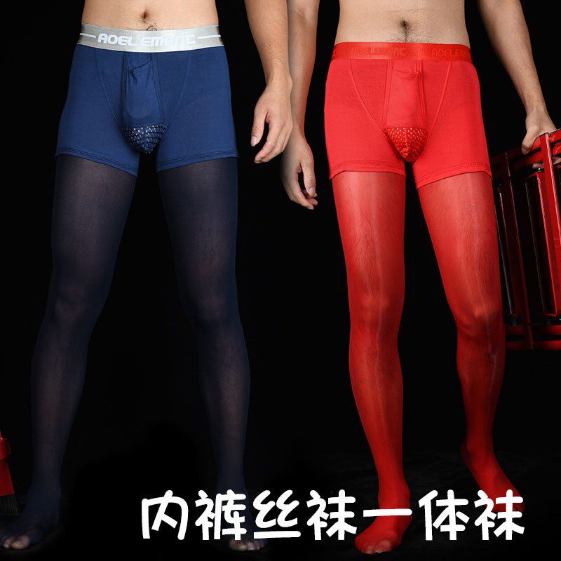 hosexiu男士棉内裤拼接丝袜一体平角短裤丝袜连体秋裤油光打底裤