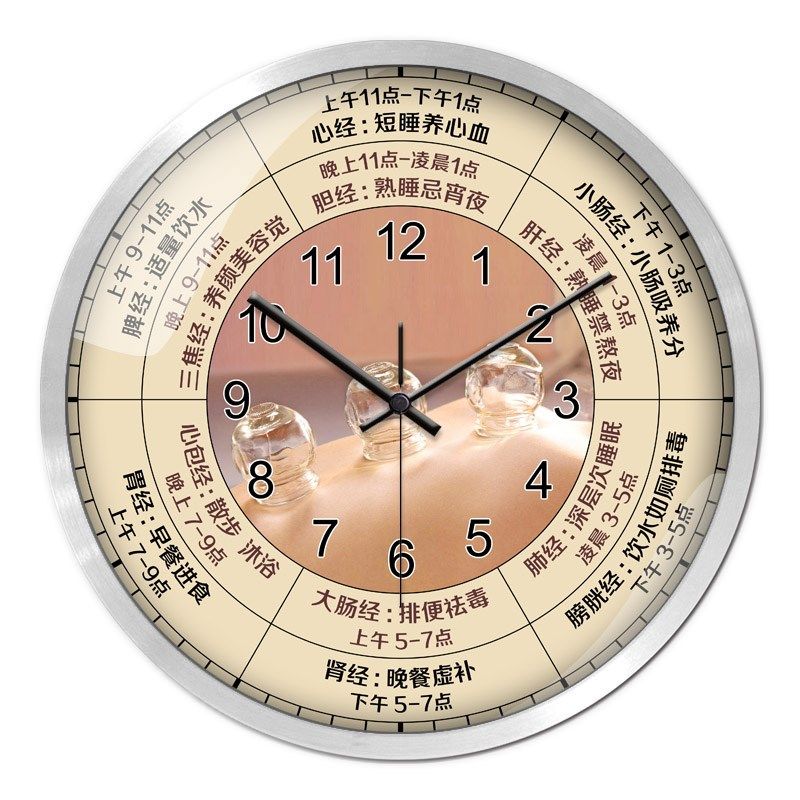 推拿刮痧拔罐养生馆墙上装饰静音挂钟子午流注时辰表排毒养颜时钟