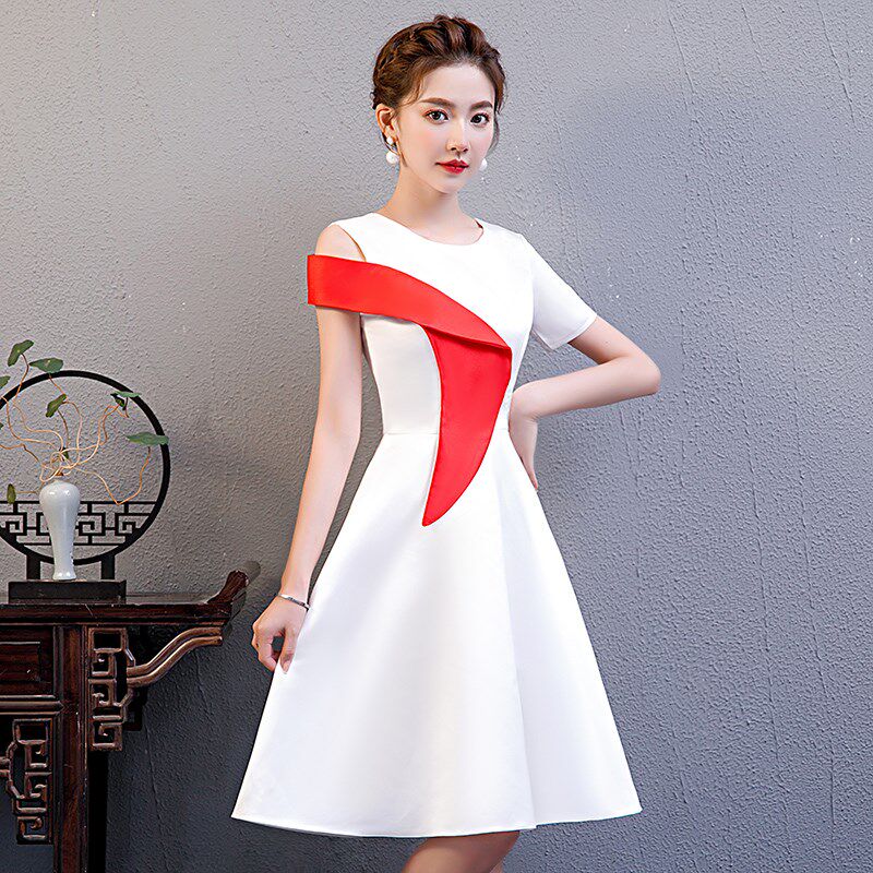 小晚礼服裙女白色礼仪服装学生颁奖演讲比赛朗诵合唱团演出服主持