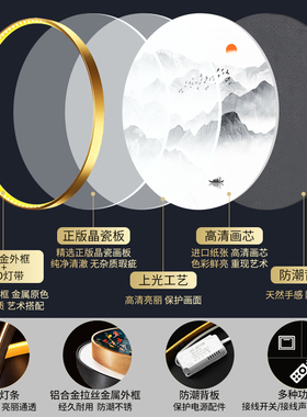 氛围感LED发光灯画新中式圆形玄关装饰画禅意水墨山水客厅壁画