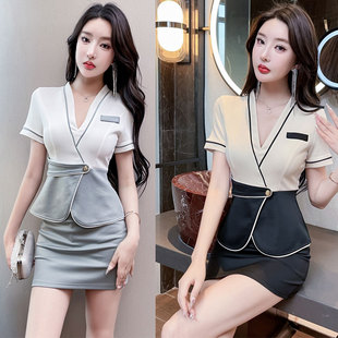 美容师工作服女性感时尚显瘦洗浴按摩推拿高级遮肚v领连衣裙套装