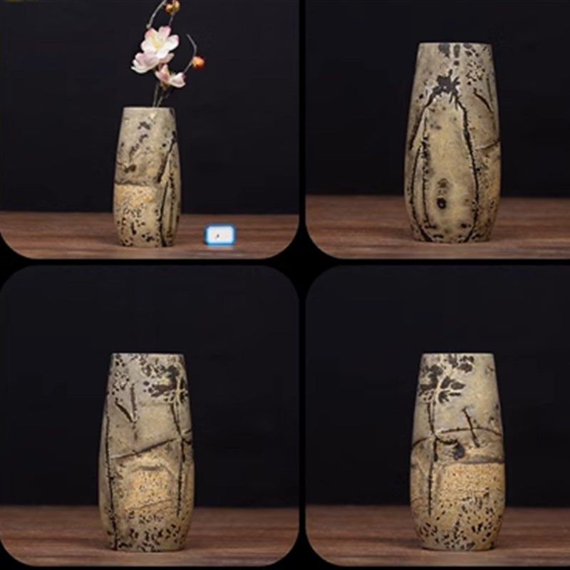 国画草花天然奇石花瓶笔筒四方柱实木底座摆件办公室玄关镇宅石头