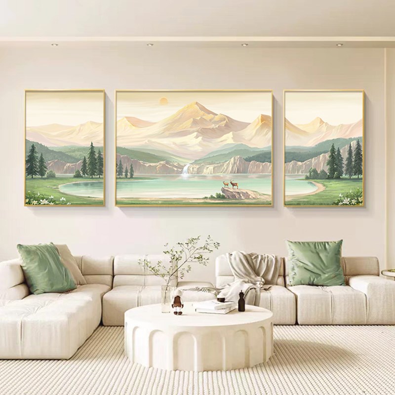 山水画客厅装饰画手绘大芬油画村沙发背景墙挂画高档风景三联壁画