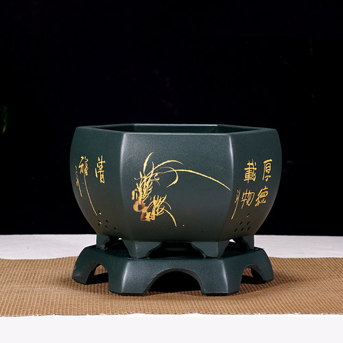 紫砂兰花盆专用盆蕙兰新款大号君子盆兰六方透气陶瓷带底座盆景盆