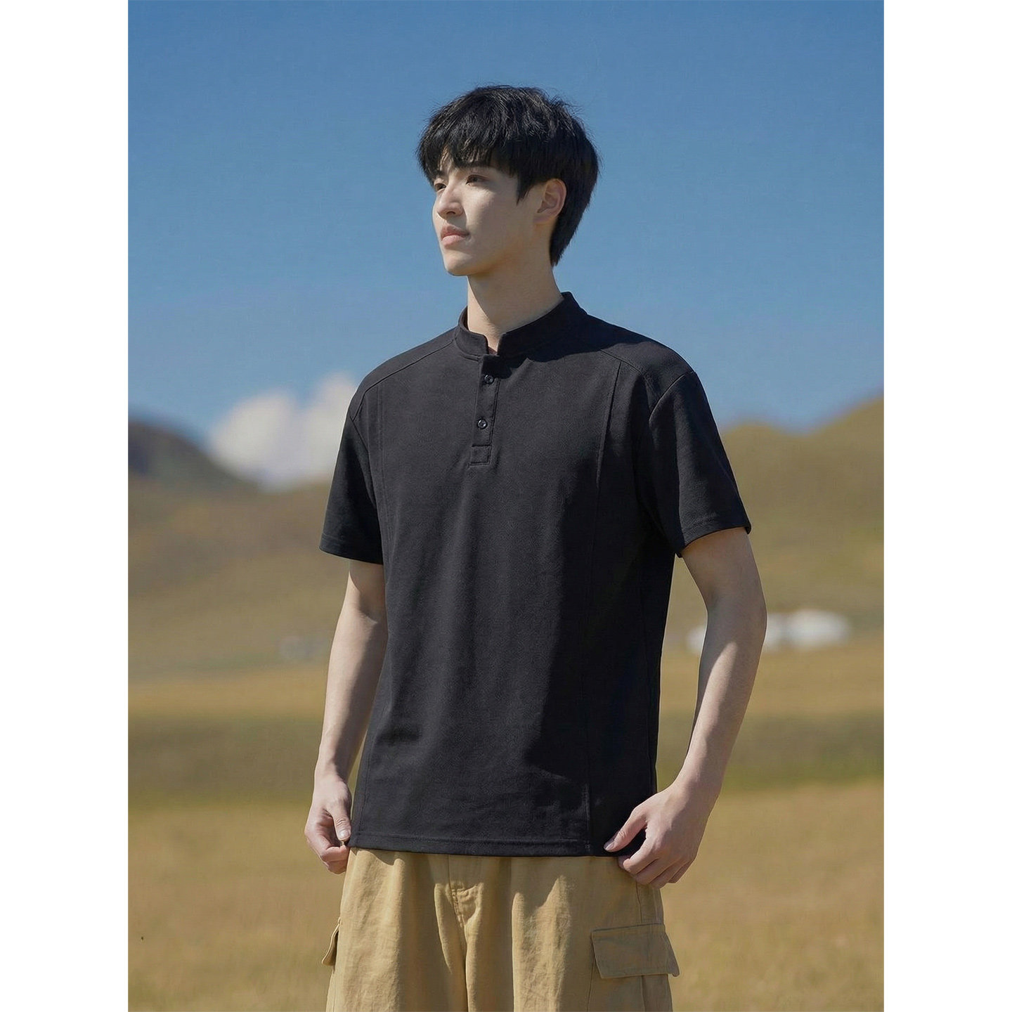 简恒美式亨利领短袖polo衫男夏季拼纯黑色短袖重磅高级感正肩半袖