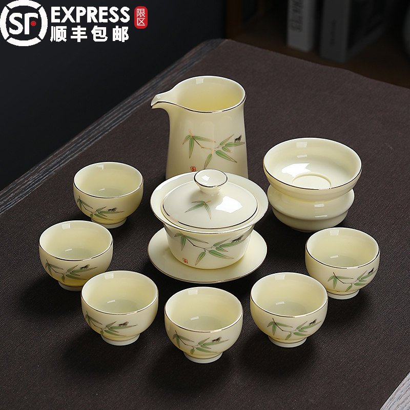 整套羊脂玉瓷功夫茶具套装家用办公白瓷泡茶壶盖碗茶杯高档送礼装