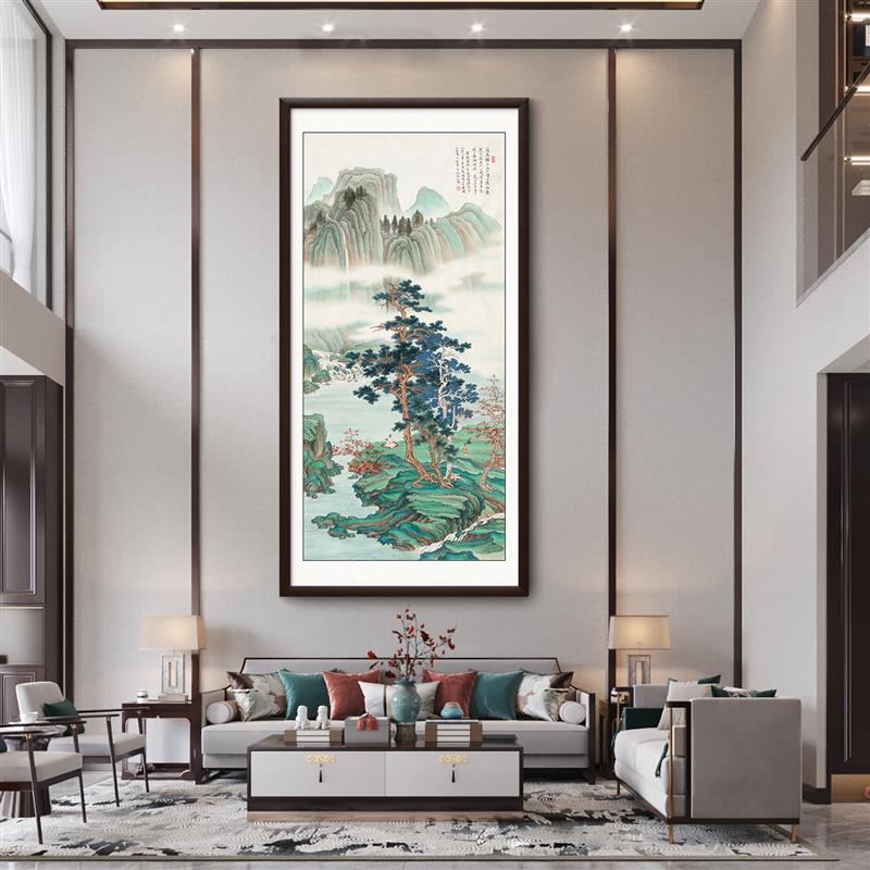张大千国画山水画竖版玄关装饰画中式客厅走廊过道入户正对门挂画