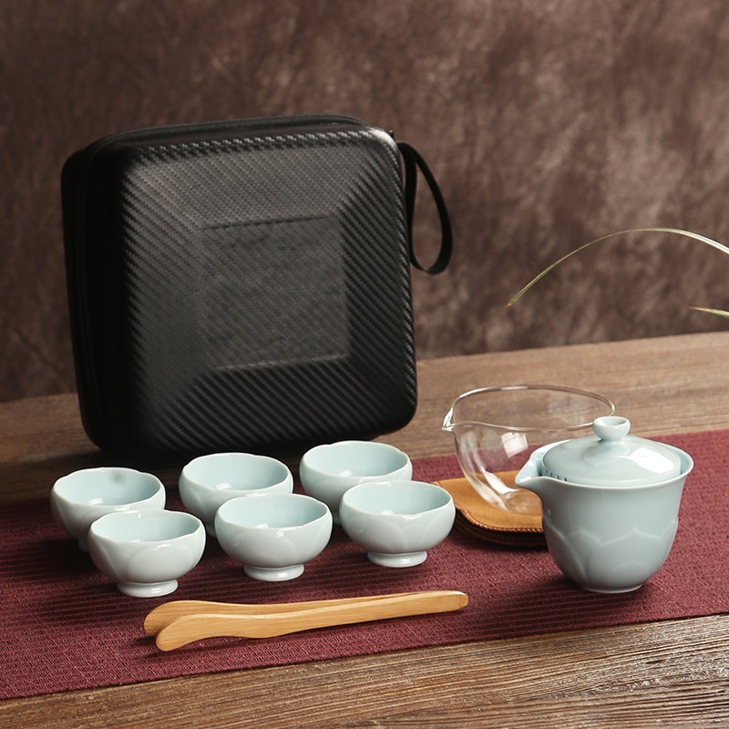 莲花陶瓷快客杯一壶三杯旅行便携包茶具套装单人小套随身泡茶家用