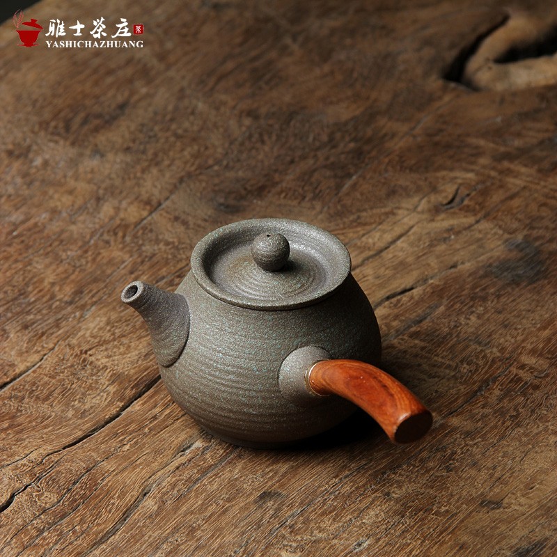 粗陶茶壶 日式木柄侧把壶 急需壶 普洱功夫茶具泡茶器蜡烛温茶壶