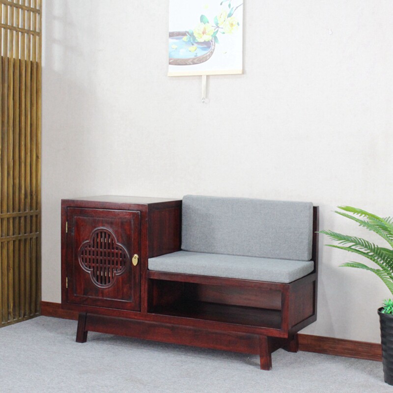 新中式储物换鞋凳子穿鞋柜实木收纳复古典沙发创意多功能带门靠背