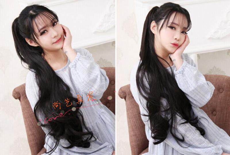 真发马尾假发女抓夹式捆绑超长真人发丝75长蓬松大波浪长卷发接发