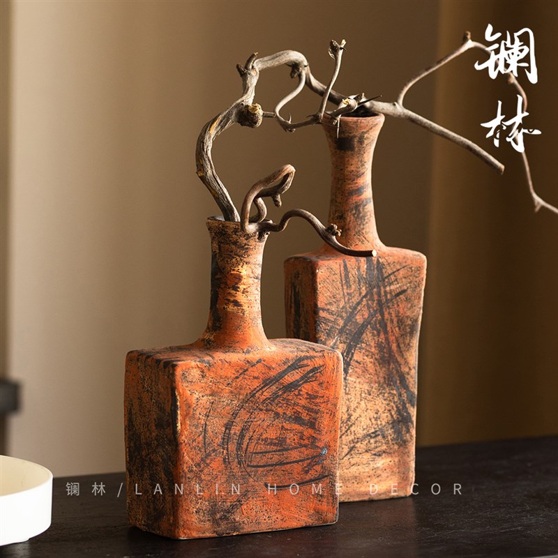 粗陶创意手工小花器民宿桌面禅意陶瓷小花瓶家居小众水培摆件红陶
