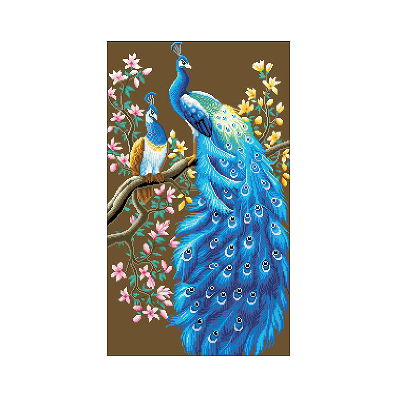 满绣十字绣全珠子绣孔雀图花开富贵竖版玄关客厅新款串珠绣彩珠绣