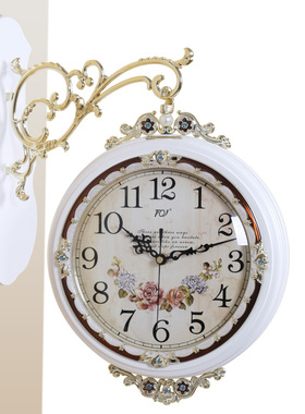 TQJ欧式实木双面挂钟时尚石英钟时钟创意挂表客厅卧室静音壁挂钟