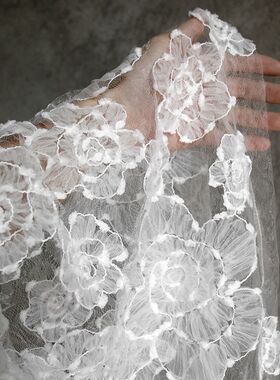 立体花纹肌理网纱布料 白色小仙女花朵裙子蕾丝服装diy设计师面料