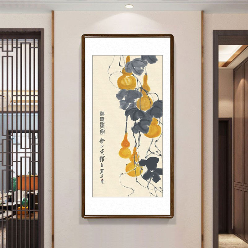 葫芦国画新中式客厅装饰画玄关过道竖版壁画齐白石五福临门字画