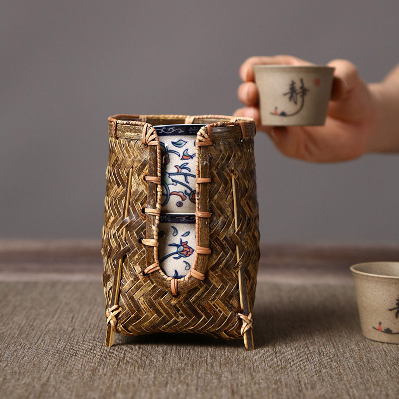 竹编杯篓手工茶道配件 茶具收纳 杯架子 杯笼中式禅意U型茶杯收纳