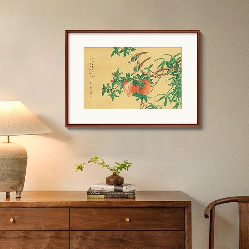 新中式餐厅装饰画客厅书房茶室挂画石榴花鸟方形走廊有框玄关壁画
