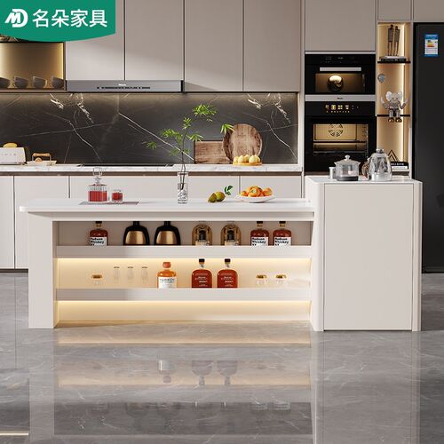 奶油风岩板岛台餐桌一体茶桌家用小户型厨房客厅隔断置物架5E60