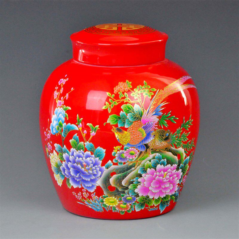 景德镇陶瓷婚庆红色喜字坛干货储物食品罐结婚陪嫁带盖酒坛子包邮