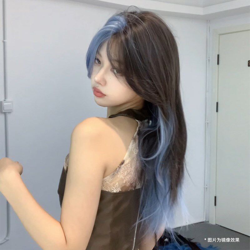 【异次元海】束朵假发女蓝黑挑染日常网红氛围感修脸新款全头套式