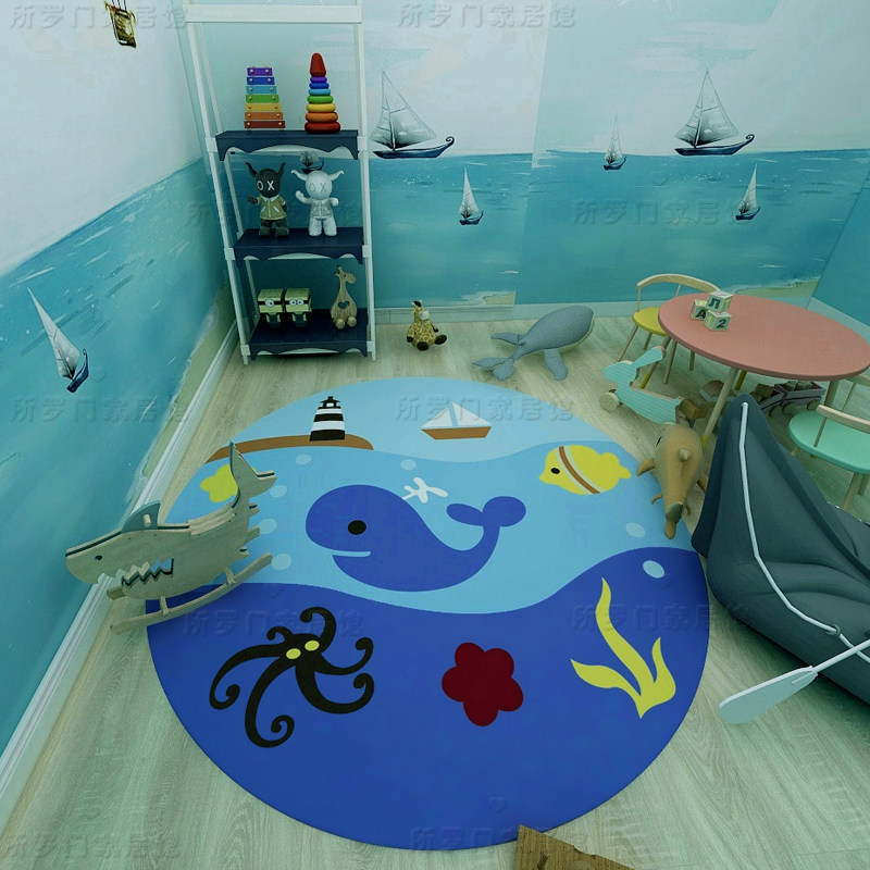 儿童房地垫海洋鲸鱼海豚圆形地毯客厅阅读区卧室床边学习椅子垫子