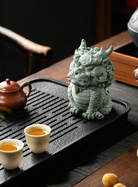青砂石鱼缸造景新中式瑞兽麒麟家居创意国潮精品茶宠摆件装饰品