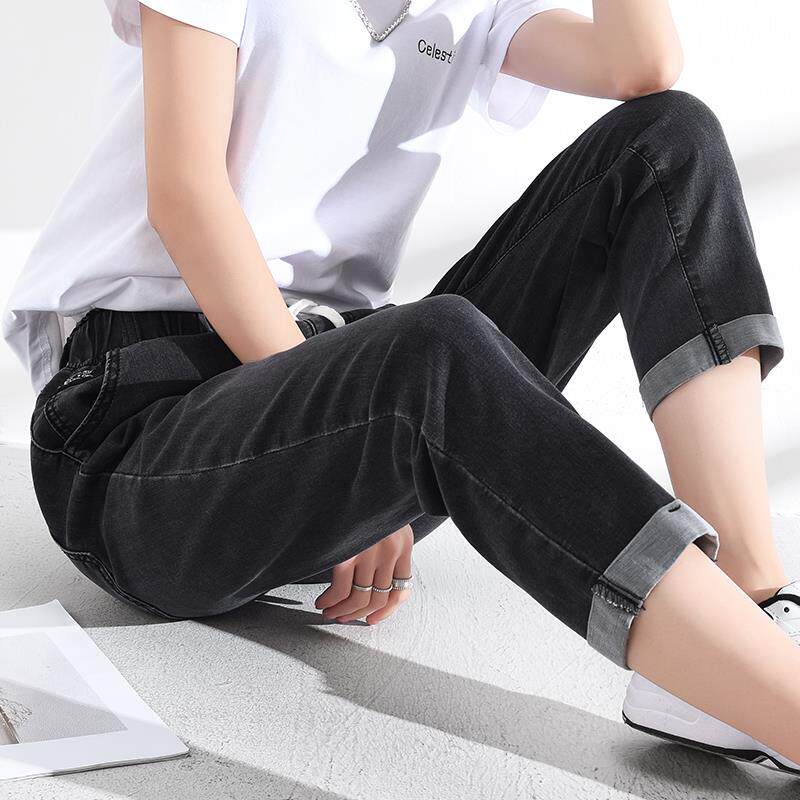 2025春夏款高腰牛仔裤女翻边百搭八分裤弹力修身女士休闲铅笔中裤
