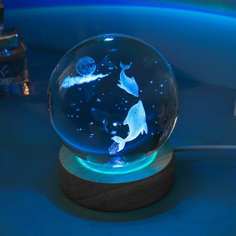 发光水晶球桌面摆件海豚水母玻璃球小夜灯装饰品生送儿童生日礼物