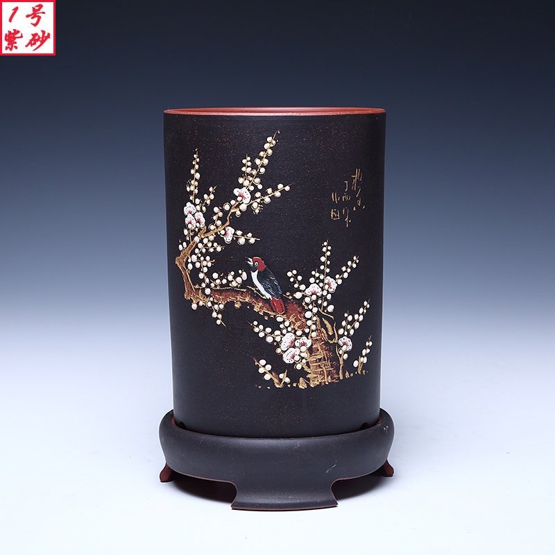 宜兴紫砂兰花盆陶瓷精品客厅室内手工点彩高档直筒紫砂盆